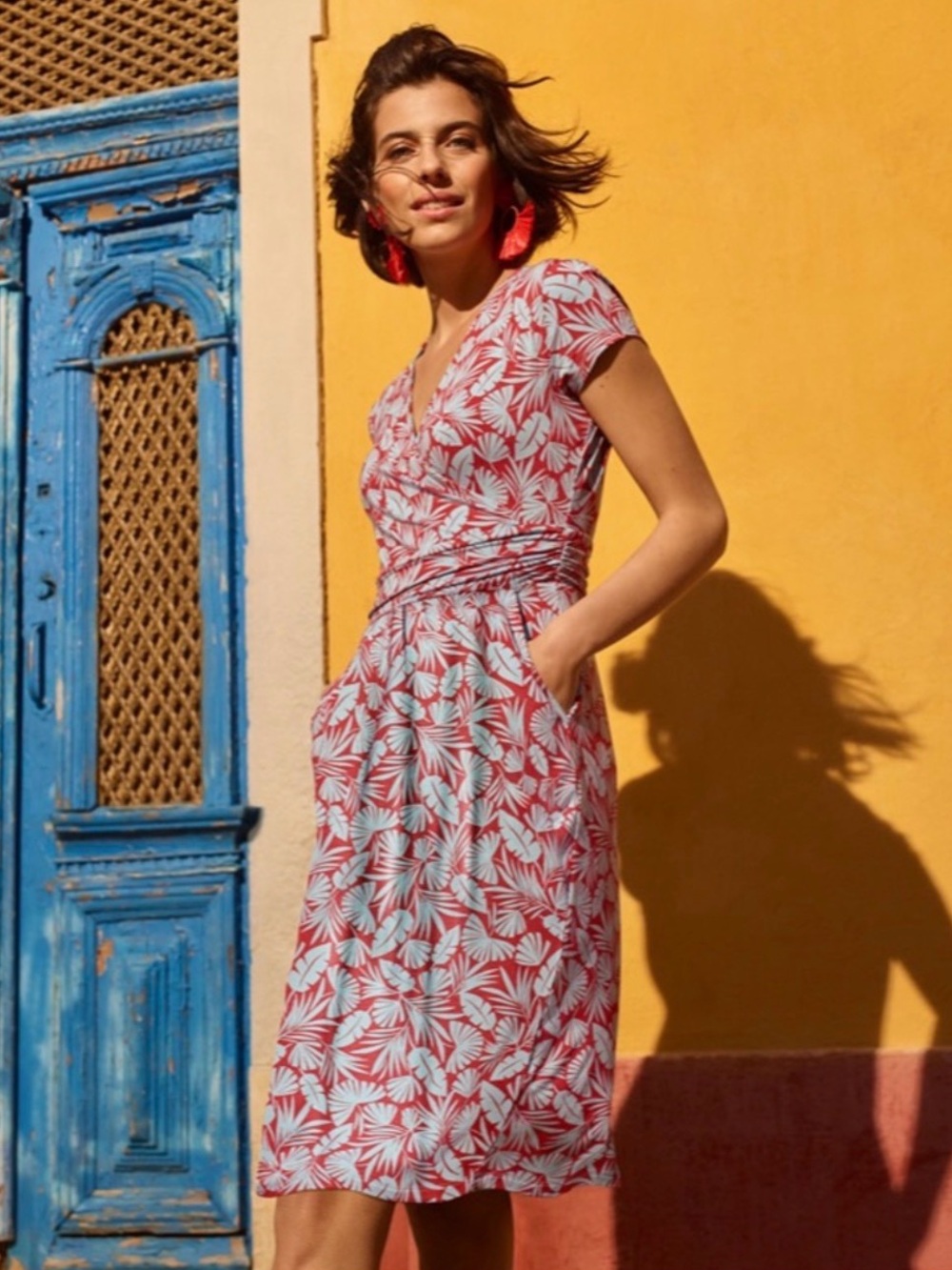 Boden 6R Red Blue Tropical Palm Leaf Faux Wrap Jersey Dress
